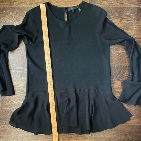 Theory Black Lexanda C Idol Bell-Sleeve Peplum Top Woo/Silk-Medium - Picture 8 of 9